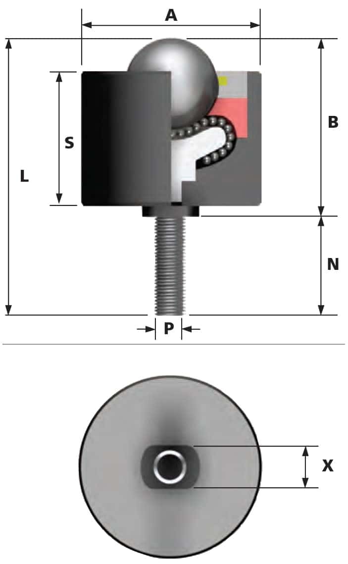 hevi-load_1 ball transfer unit side and top view diagrams