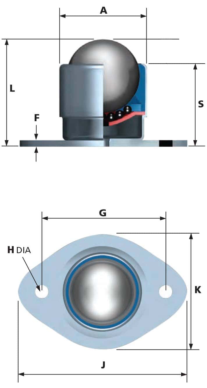 1703 ball transfer unit side and top view diagram