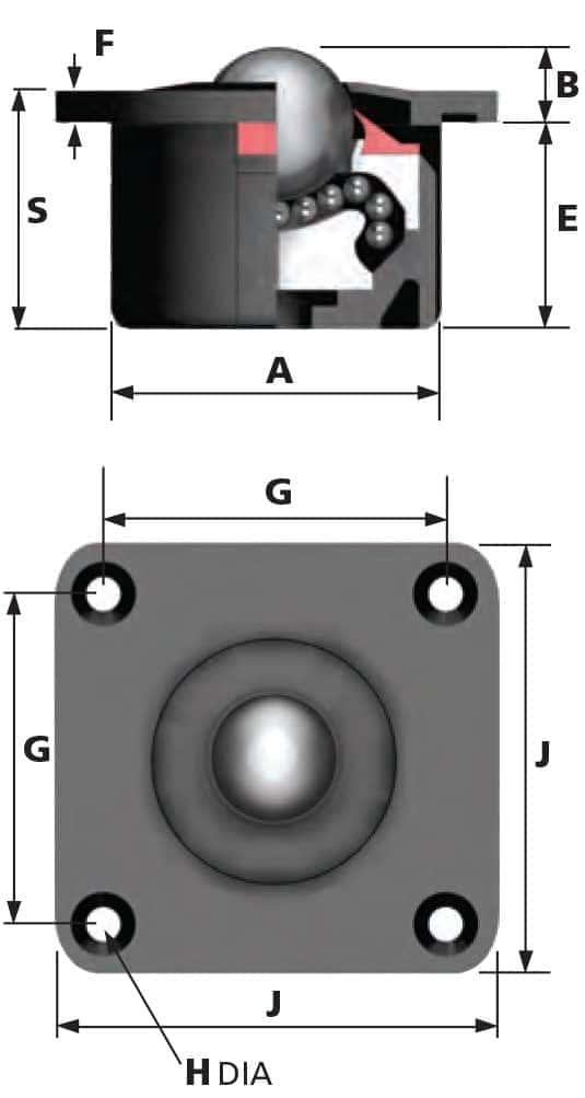 6025-2 ball transfer unit side and top view diagram